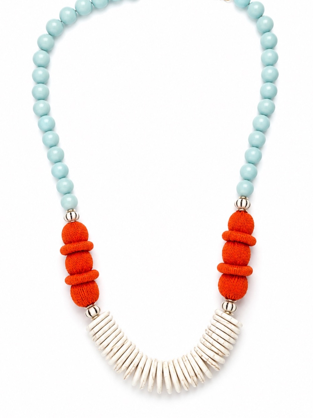 Coastal Beaded Necklace | Aqua Blue, Coral Orange & Ivory Disc Boho Necklace